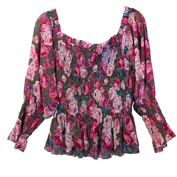 Torrid Crinkle Chiffon Floral Blouse Top 3X Smocked Off Shoulder Gray Pink - Picture 2 of 6